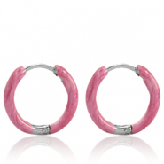 Boucles d'oreilles en acier Inox créoles émaillée 14mm Rose punch-argenté