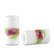 Perles en c&eacute;ramique tube Blanc-vert