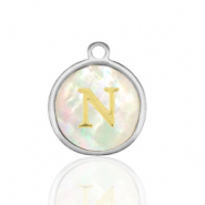 Breloques en acier Inox nacre rond 12mm lettre N Blanc (couleur naturelle)-argent&eacute;