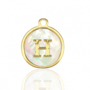 Breloques en acier Inox nacre rond 12mm lettre H Blanc (couleur naturelle)-dor&eacute;