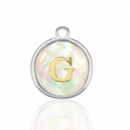 Breloques en acier Inox nacre rond 12mm lettre G Blanc (couleur naturelle)-argent&eacute;