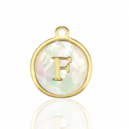 Breloques en acier Inox nacre rond 12mm lettre F Blanc (couleur naturelle)-dor&eacute;