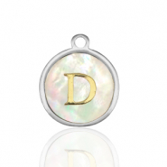 Breloques en acier Inox nacre rond 12mm lettre D Blanc (couleur naturelle)-argent&eacute;
