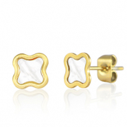 Boucles d'oreilles / puces d&rsquo;oreilles en acier Inox fleur Dor&eacute;-blanc perle