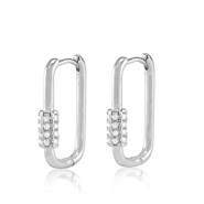 M&eacute;tal TQ laiton boucles d'oreilles zirconium ovale Argent&eacute;