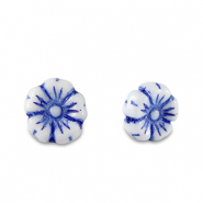 Perles tchèques fleur 7mm Bleu fort-blanc