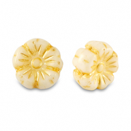 Perles tchèques fleur 9mm Jaune citron-blanc