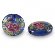 Perles en verre 14mm fleur Bleu transparent-rouge rose