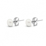Boucles d'oreilles / puces en acier Inox perles 6mm Argent&eacute;-blanc perle