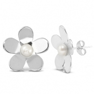 Boucles d'oreilles / puces en acier Inox perles fleur avec anneau Argenté