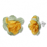 Boucles d'oreilles tendance fleur en mousseline Vert-jaune-argent&eacute;