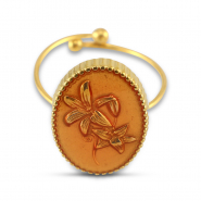 Bagues en acier inox &eacute;maill&eacute;es ovale avec fleur Dor&eacute;-rose saumon