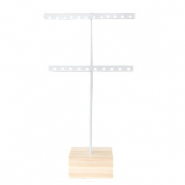 Pr&eacute;sentoir bijoux en forme de T pour boucles d'oreilles avec pied en bois blanc-bois