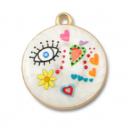 Breloques en m&eacute;tal avec  &eacute;maill&eacute;e rond Blanc-multicolore-dor&eacute;