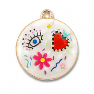 Breloques en m&eacute;tal avec  &eacute;maill&eacute;e rond Blanc-multicolore-dor&eacute;