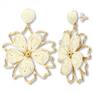 Boucles d'oreilles en raphia accroche-regard fleur Blanc cass&eacute;-dor&eacute;