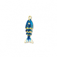 Breloques en laiton Eco-brass&reg; poisson Dor&eacute;-bleu fonc&eacute;-blanc