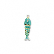 Breloques en laiton Eco-brass&reg; poisson Dor&eacute;-turquoise-blanc