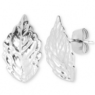 Appr&ecirc;ts en acier Inox boucles d'oreilles / puces d&rsquo;oreilles feuille avec anneau Argent&eacute;