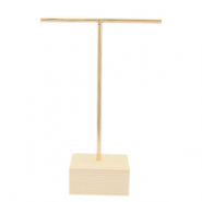 Pr&eacute;sentoir bijoux en forme de T pour boucles d'oreilles avec pied en bois Naturel-dor&eacute;