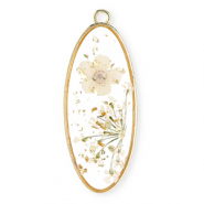 Pendentifs avec fleurs s&eacute;ch&eacute;es oblong ovale Dor&eacute;-blanc cass&eacute;