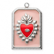 Breloques en acier Inox rectangle avec coeur Argenté-rose vintage-rouge