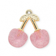 Pendentifs acryliques cerises Dor&eacute;-rose clair paillet&eacute;