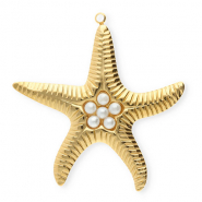 Breloques en acier Inox &eacute;toile de mer avec imitations perles Dor&eacute;-blanc