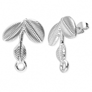 Appr&ecirc;ts en acier Inox boucles d'oreilles / puces d&rsquo;oreilles feuilles avec anneau Argent&eacute;
