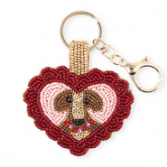 Porte-cl&eacute;s c&oelig;ur avec chien Dor&eacute;-rouge doublure argent&eacute;-rose clair-marron