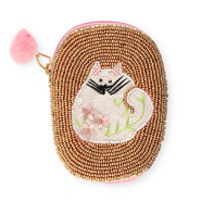 Porte monnaie ovale avec chat Dor&eacute;-blanc-rose clair