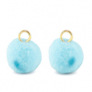 Pendentifs pompon avec anneau 10mm Dor&eacute;-bleu aquamarine