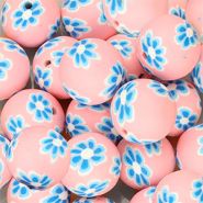 Perles en silicone 18&nbsp;mm rond avec fleurs peintes &agrave; la main Rose-bleu fonc&eacute;-blanc
