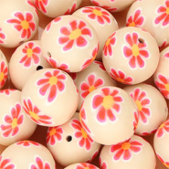 Perles en silicone 18&nbsp;mm rond avec fleurs peintes &agrave; la main Beige nude-rose n&eacute;on-orange