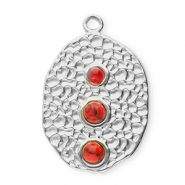 Breloques en acier Inox ovale avec des pois Argent&eacute;-rouge