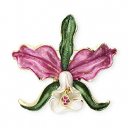 Broches fleur avec strass Dor&eacute;-rose orchid&eacute;e-vert-blanc