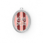 BY31® Breloques en laiton Eco-brass avec émaillée ovale Ciao bella"" Argenté-rose clair-rouge