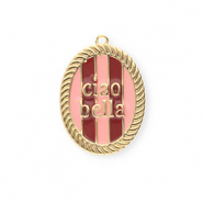 BY31® Breloques en laiton Eco-brass avec émailléeovale Ciao bella"" Doré-rose clair-rouge