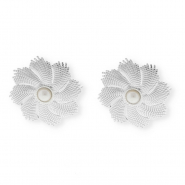 Appr&ecirc;ts en acier Inox boucles d'oreilles&nbsp;/&nbsp;puces d&rsquo;oreilles fleur avec imitation perle avec anneau Argent&eacute;-blanc