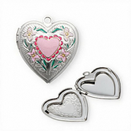 Breloques en acier Inox médaillon coeur avec fleurs Argenté-rose-vert