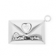 Breloques en acier Inox avec strass enveloppe "Love you" Argent&eacute;-cristal