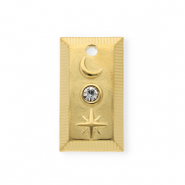 Breloques en acier Inox avec strass rectangle avec lune et &eacute;toile Dor&eacute;-cristal