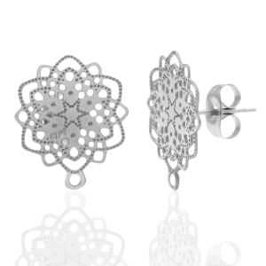 Boucles d'oreilles en acier Inox/puces d&rsquo;oreilles fleur boh&egrave;mes avec anneau Argent&eacute;