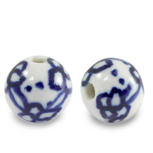 Perles en c&eacute;ramique 11mm Blanc-bleu de Delft