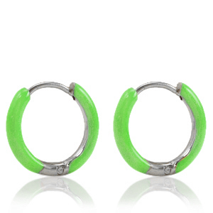 Boucles d'oreilles en acier Inox cr&eacute;oles &eacute;maill&eacute;e 14mm Vert vif-argent&eacute;