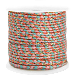 Cordon tress&eacute; tendance 2mm Dor&eacute;-Rose clair turquoise