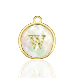 Breloques en acier Inox nacre rond 12mm lettre W Blanc (couleur naturelle)-dor&eacute;