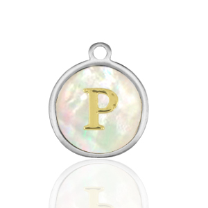 Breloques en acier Inox nacre rond 12mm lettre P Blanc (couleur naturelle)-argent&eacute;