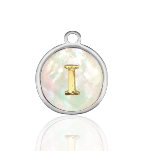 Breloques en acier Inox nacre rond 12mm lettre I Blanc (couleur naturelle)-argent&eacute;