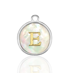 Breloques en acier Inox nacre rond 12mm lettre E Blanc (couleur naturelle)-argent&eacute;
